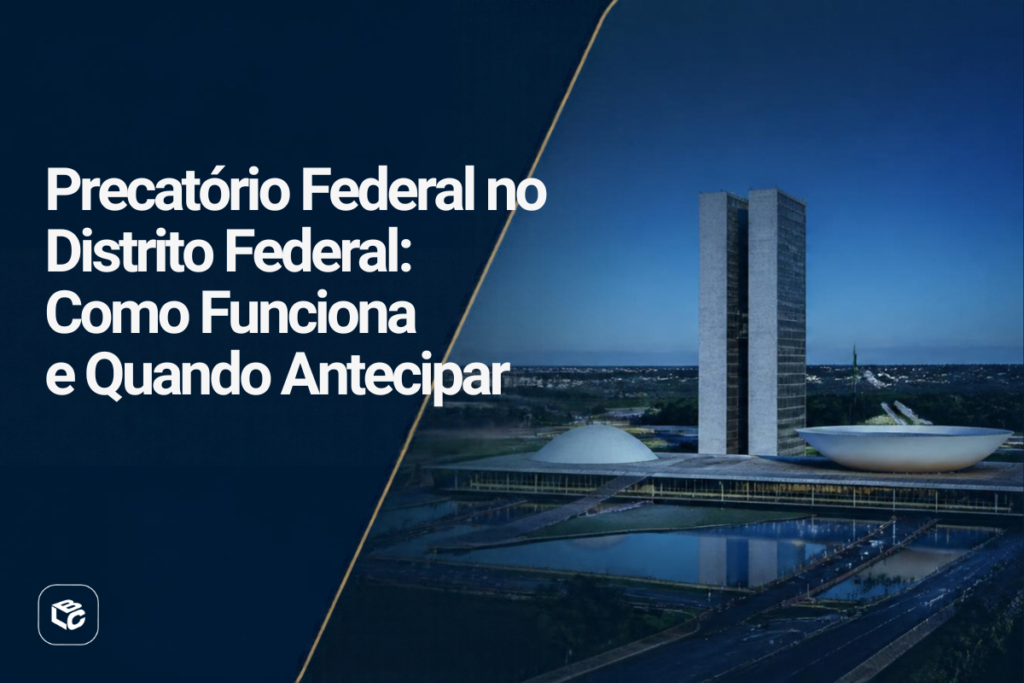 Banner informativo sobre precatórios federais no Distrito Federal. À esquerda, em um painel azul escuro, aparece o título em destaque: “Precatório Federal no Distrito Federal: Como Funciona e Quando Antecipar”. À direita, há uma fotografia do Congresso Nacional, em Brasília, mostrando as torres gêmeas e as cúpulas características do complexo arquitetônico refletidas no espelho d’água. A composição utiliza tons de azul e uma linha diagonal dourada que separa as áreas de texto e imagem. No canto inferior esquerdo há um logotipo branco. O design remete ao contexto jurídico e administrativo dos precatórios federais.